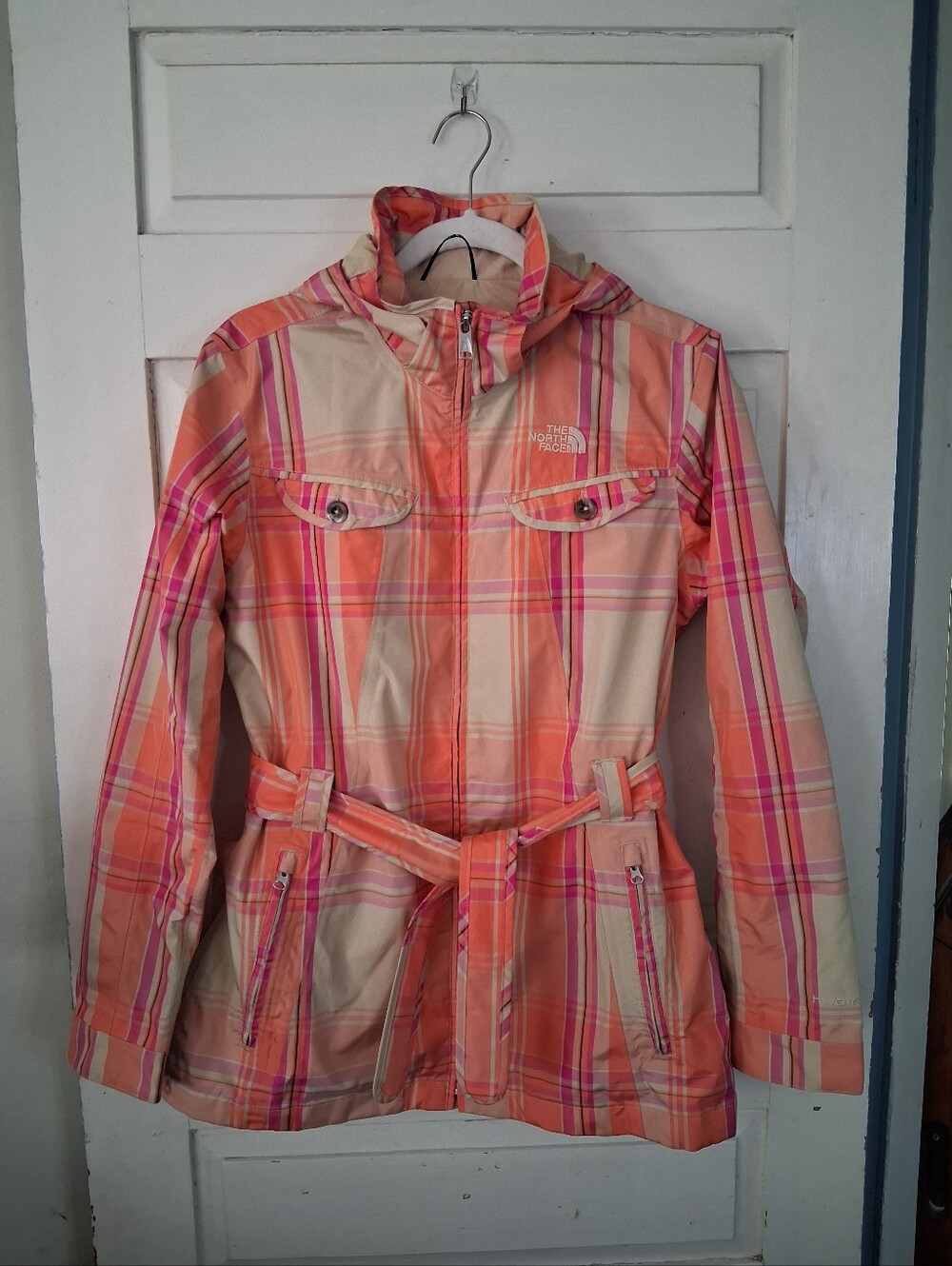 The North Face Plaid Belted Hooded Raincoat Jacket in Tan Orange Pink Sz M
